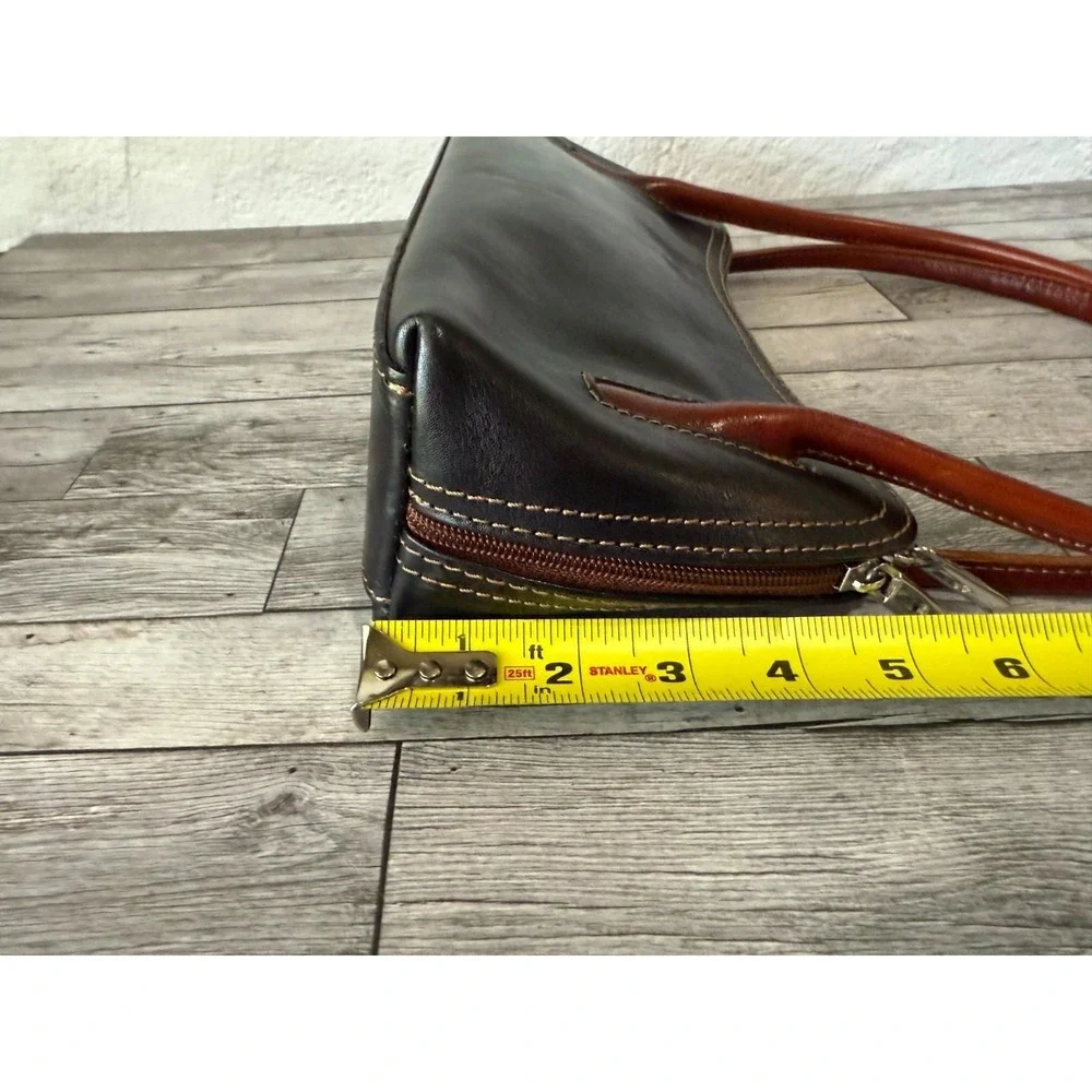 Del Borgo Vintage Black Italian Leather Baguette Handbag Cognac Handles MINT
